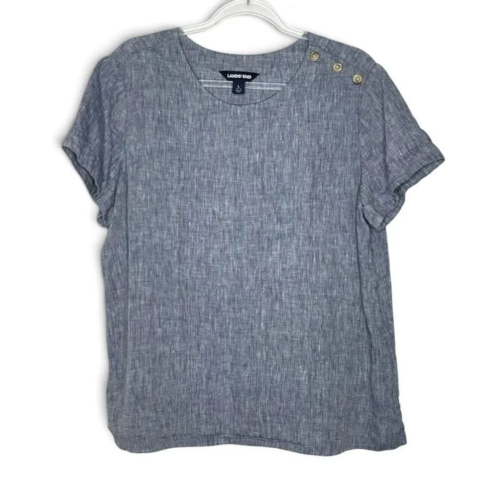 Lands' End 100% Linen Short Sleeve Shirt Button Shoulder Boxy Blue Women’s Large